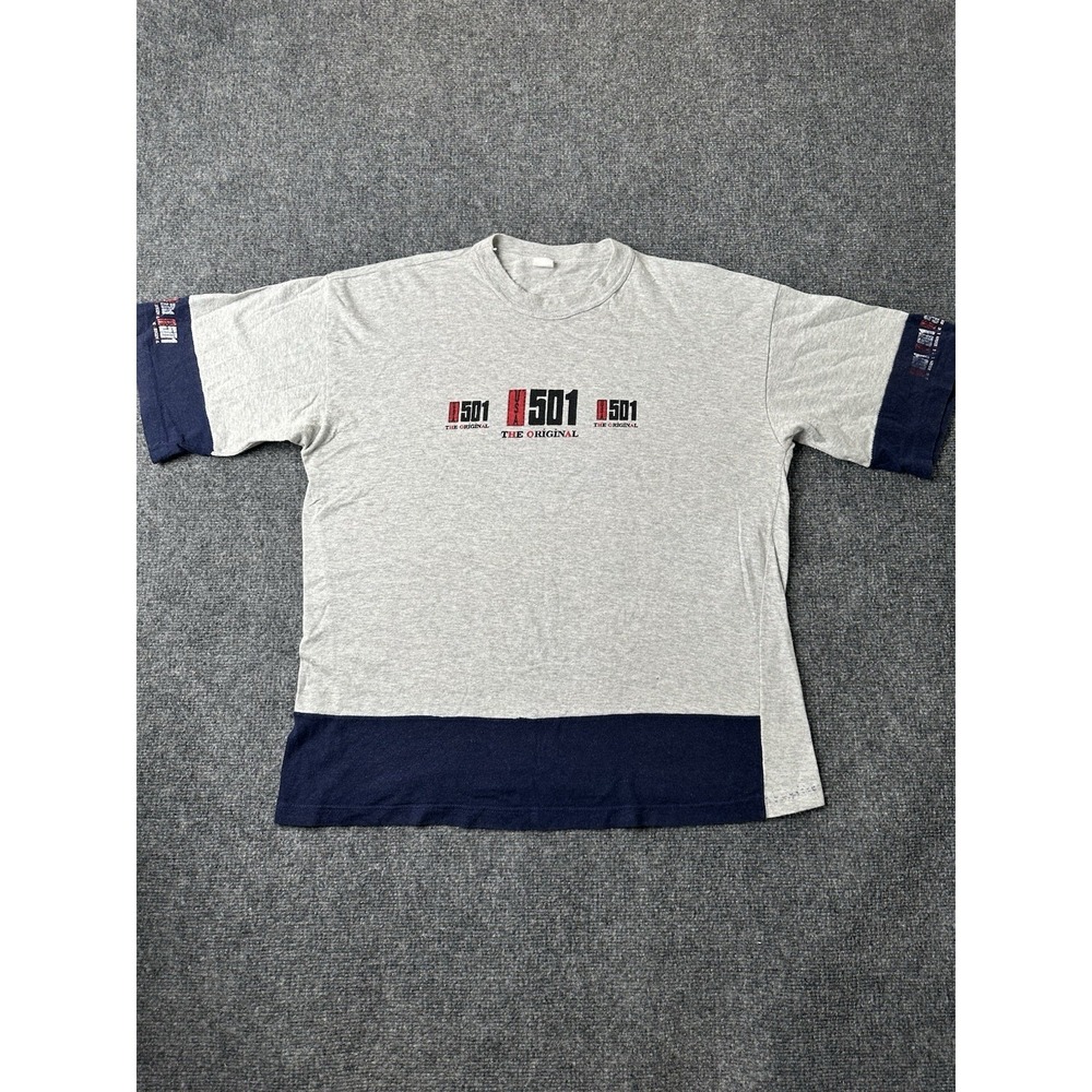Mens Levis 501 Graphic Color Block T Shirt Gray Navy, Size L